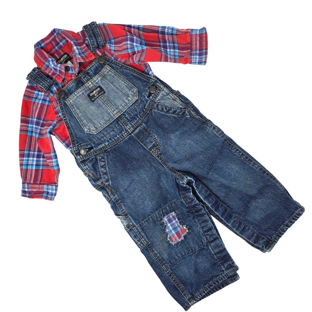 OshKosh B'gosh Baby 18 M Toddler Denim Overalls Lined Plaid Flannel ShirtSet